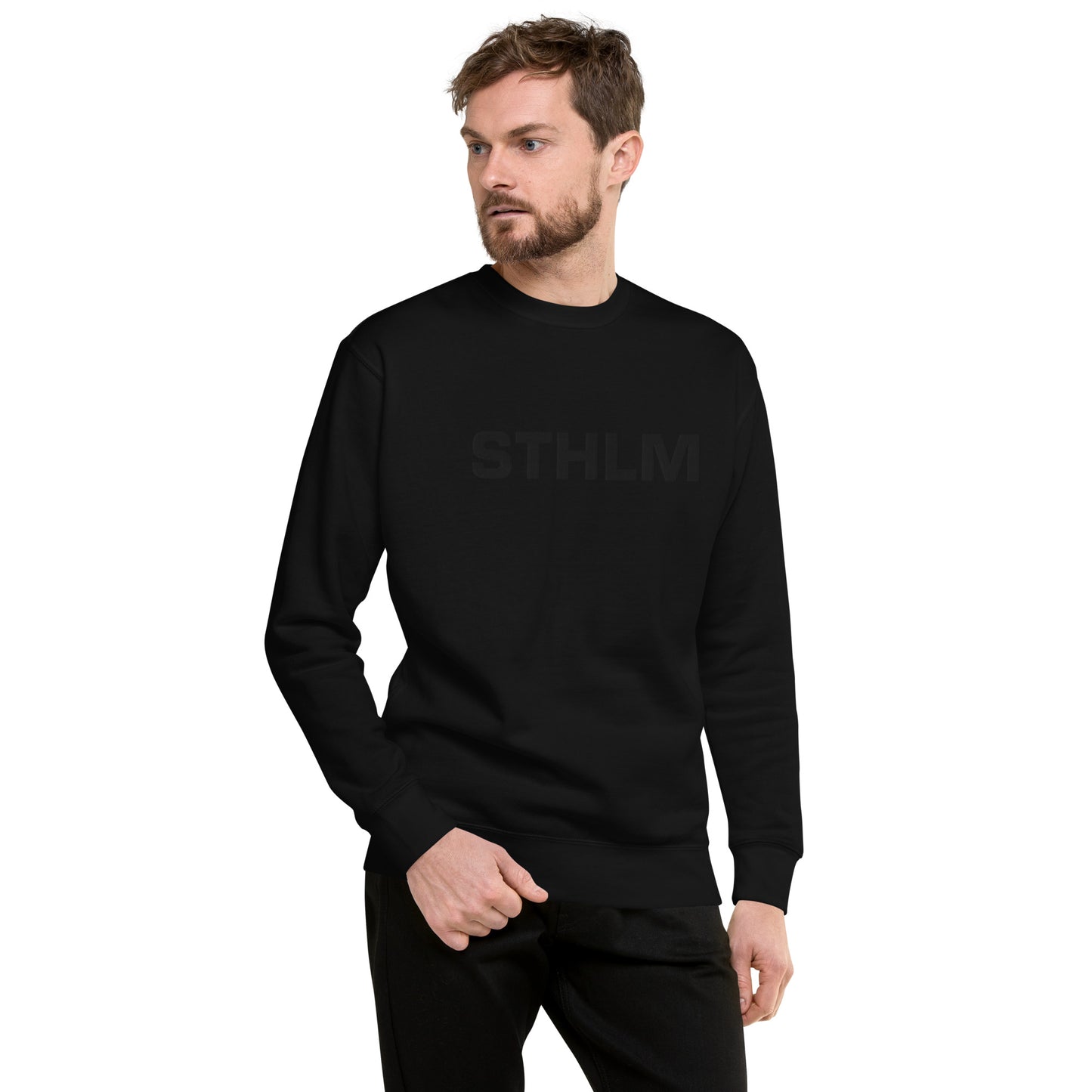 STHLM black on black edition - Premium Unisex Sweatshirt/Collegetröja med svart brodyr