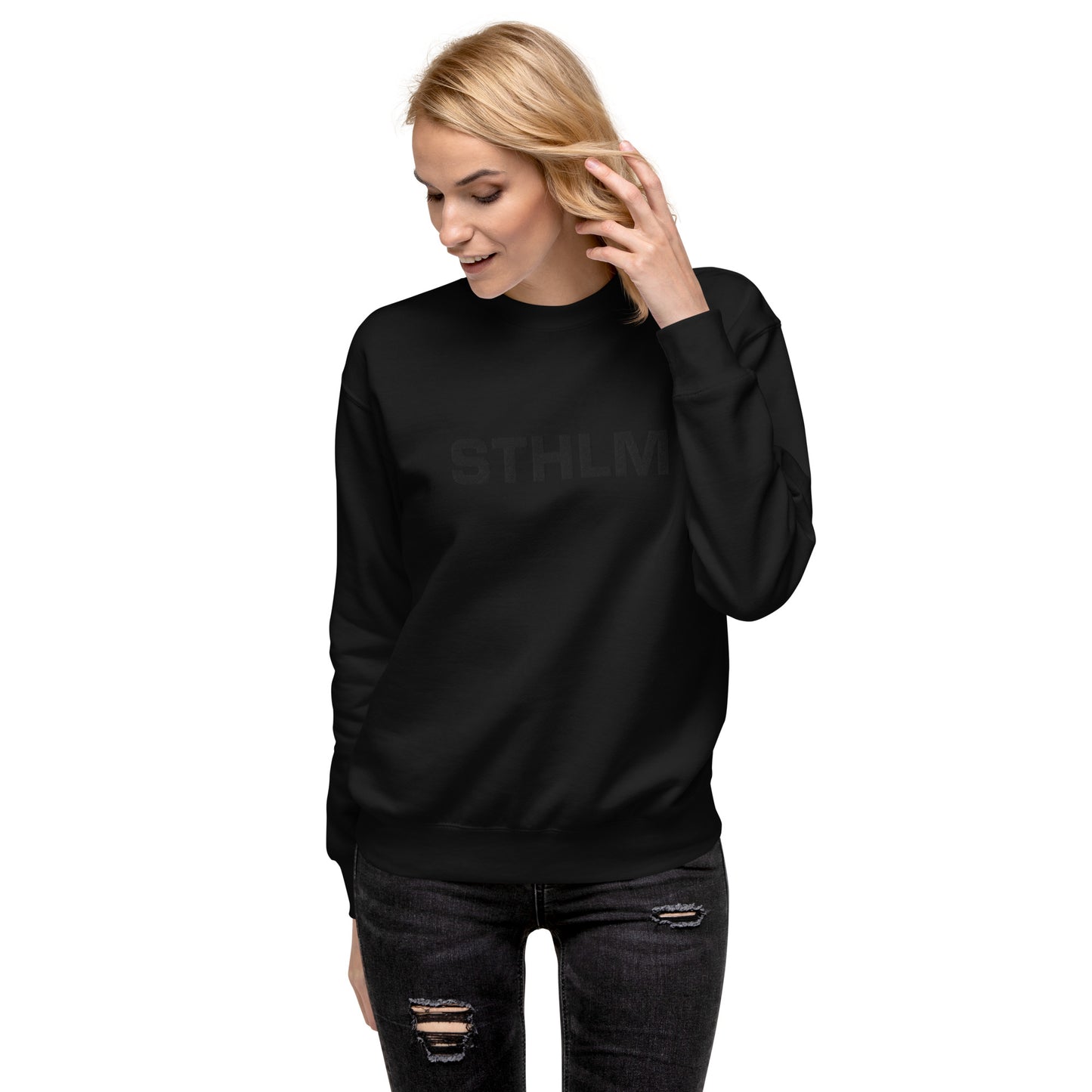 STHLM black on black edition - Premium Unisex Sweatshirt/Collegetröja med svart brodyr